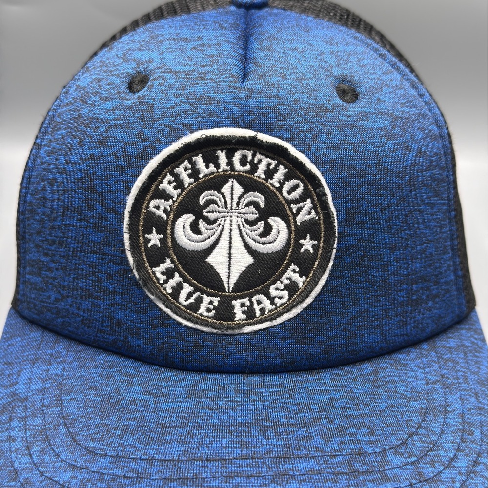Affliction Mens Live Fast Patch Trucker Hat Black Blue Mesh Snapback HT11891AQ - Picture 2 of 7